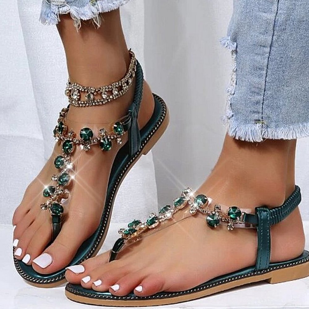 NEW Sparkling Bling Swarovski Crystal Rhinestone Green Sandals Beach Sho… - Picture 3 of 4